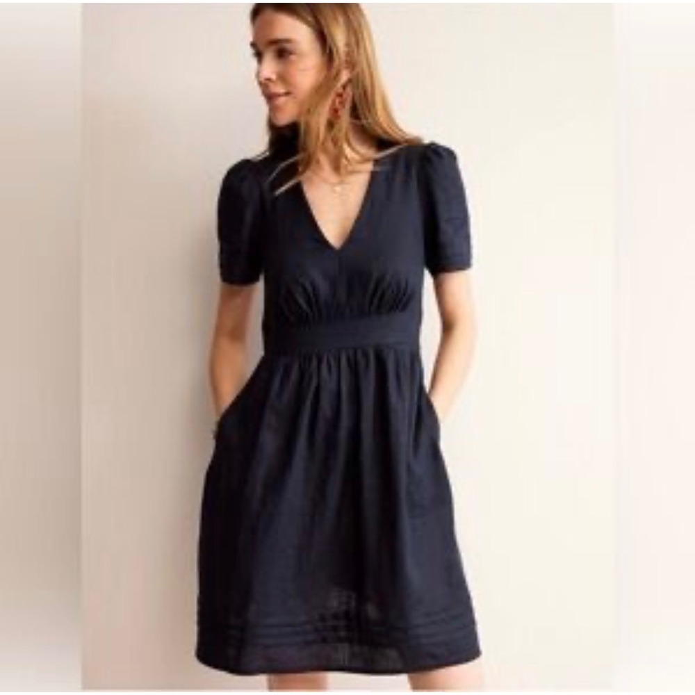 Boden Navy Blue Cotton Gauze Dress V Neck Short Sleeve Casual Party US 10